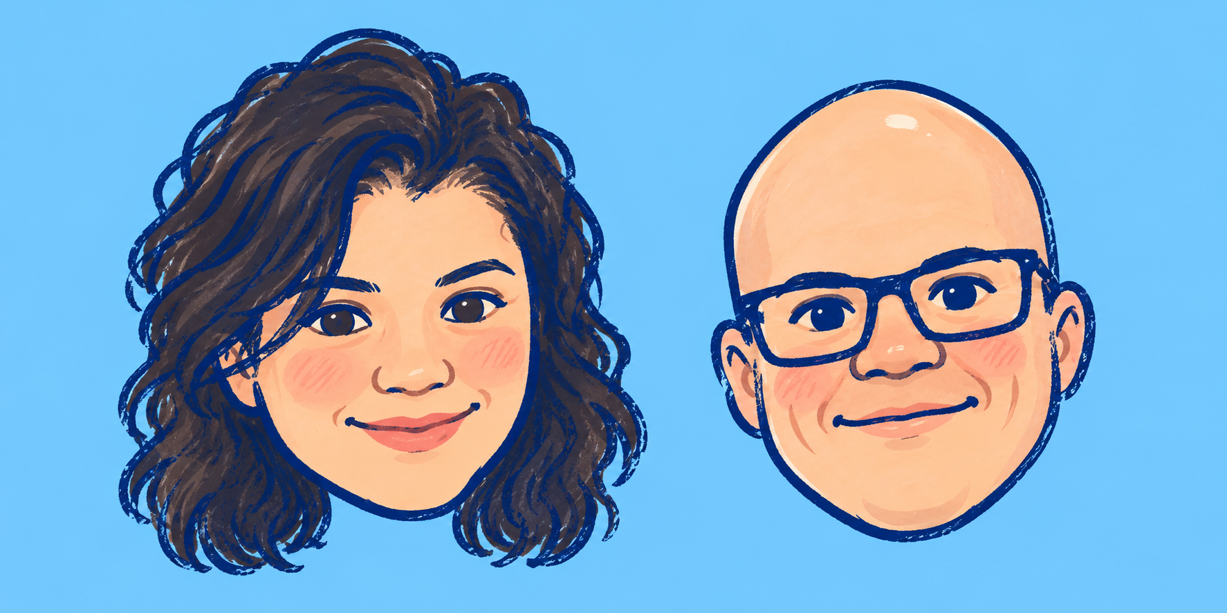 Ilustración estilo doodle de Alberto y Eli, los conductores del podcast, sobre fondo celeste
